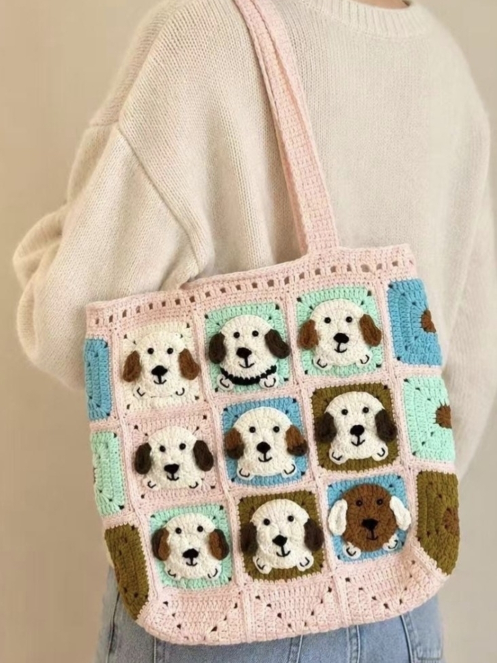 Handmade Crochet Dog Tote, Boho Shoulder Bag, Dog Mom Purse